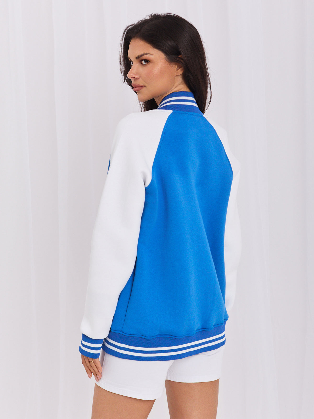 Bomber Sweater met Drukknopen – Donkerblauw/Wit