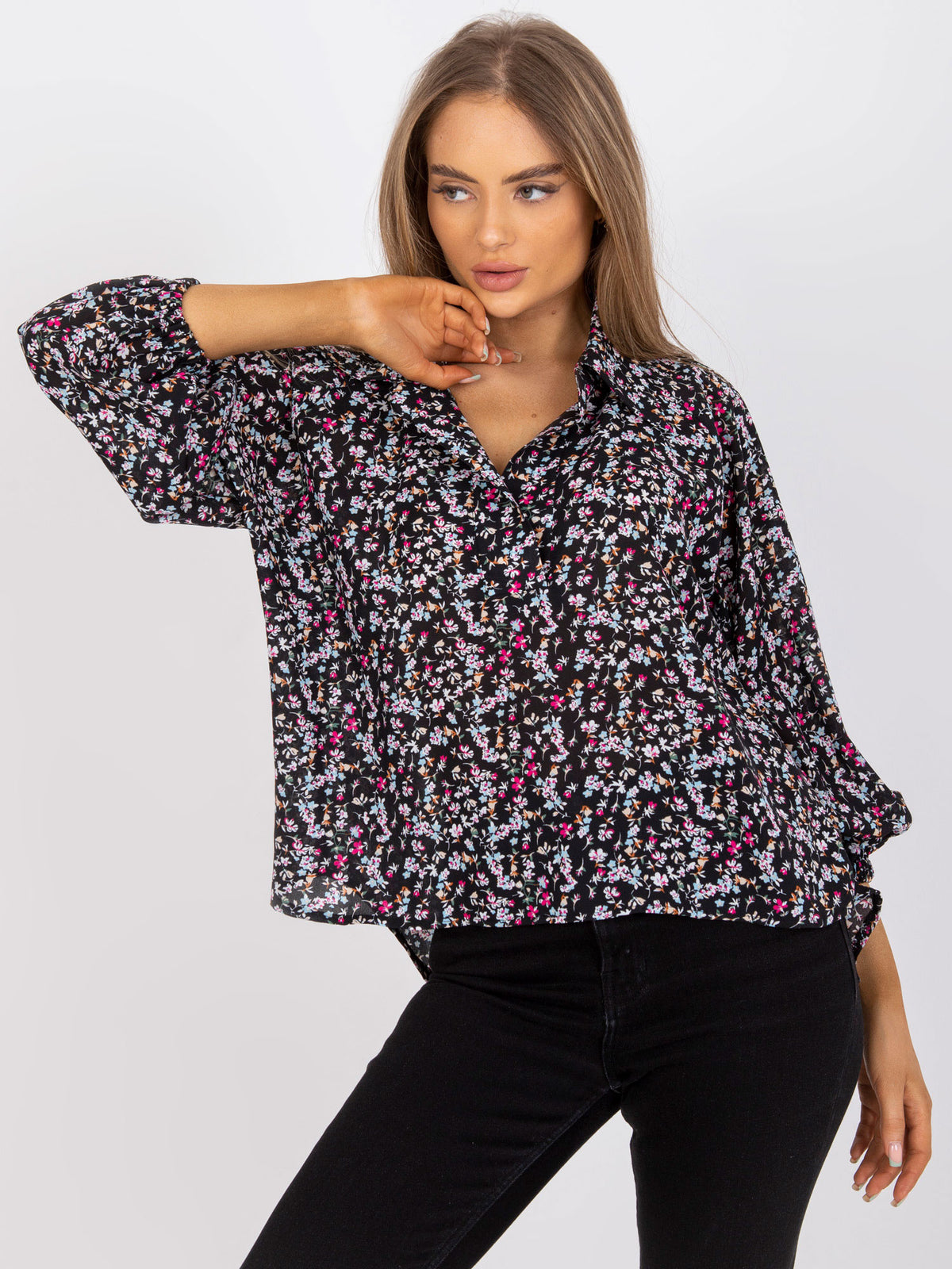 Blouse met Kleine Bloemenprint – Zwart/Roze