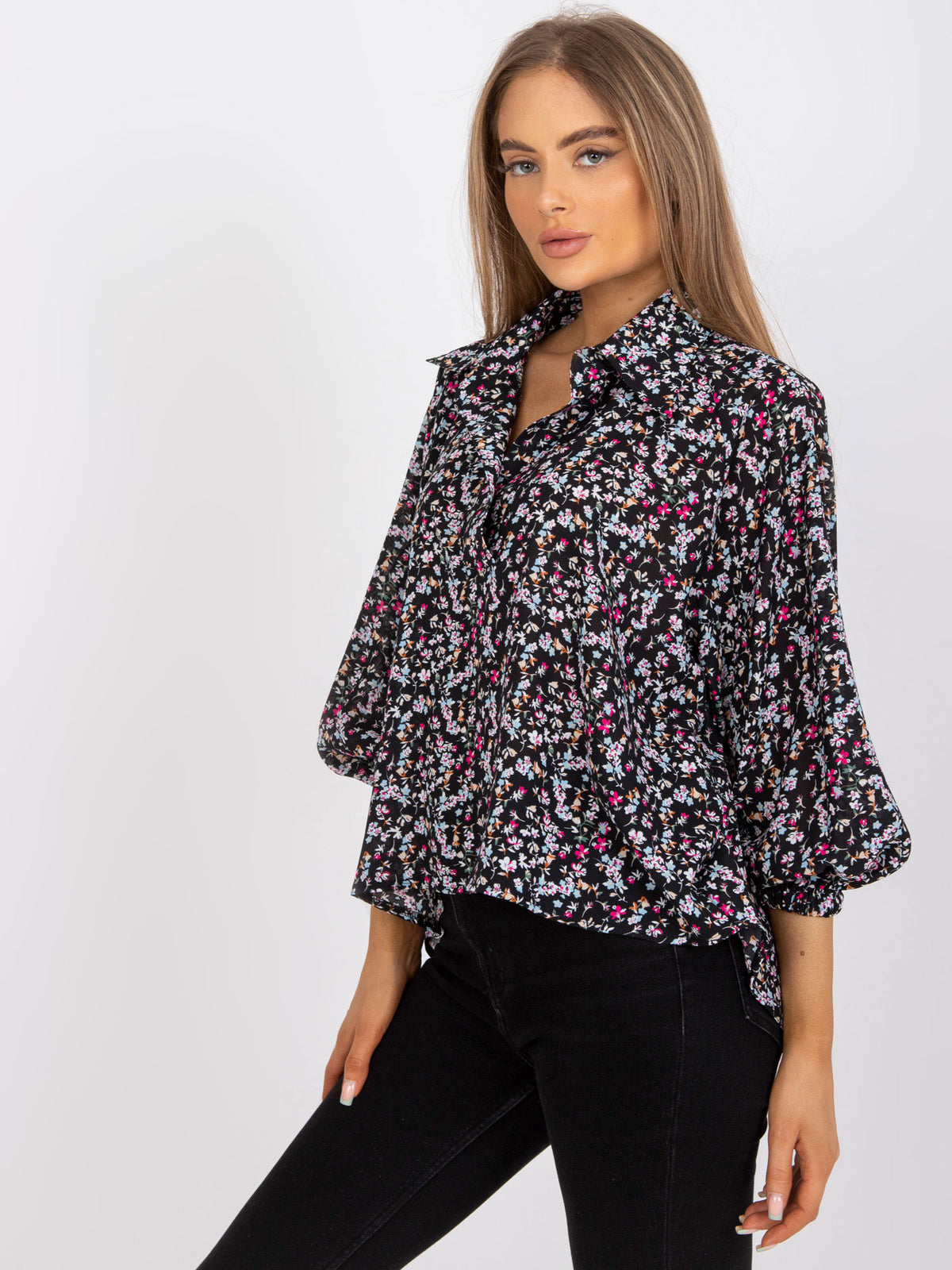 Blouse met Kleine Bloemenprint – Zwart/Roze