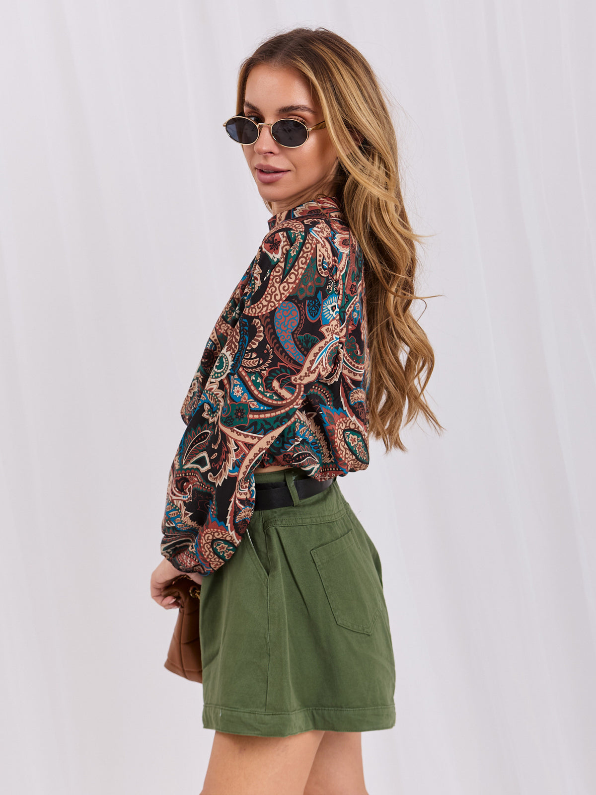 Paisley Blouse met Hoge Hals – Zwart/Beige