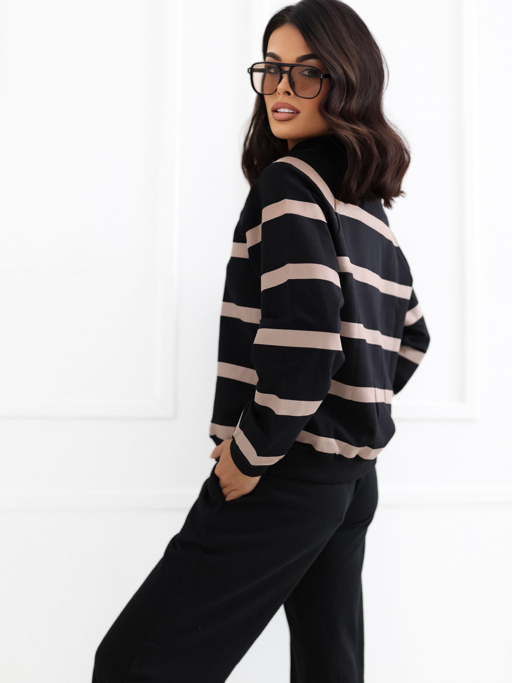 Gestreepte Sweater met Rits – Zwart
