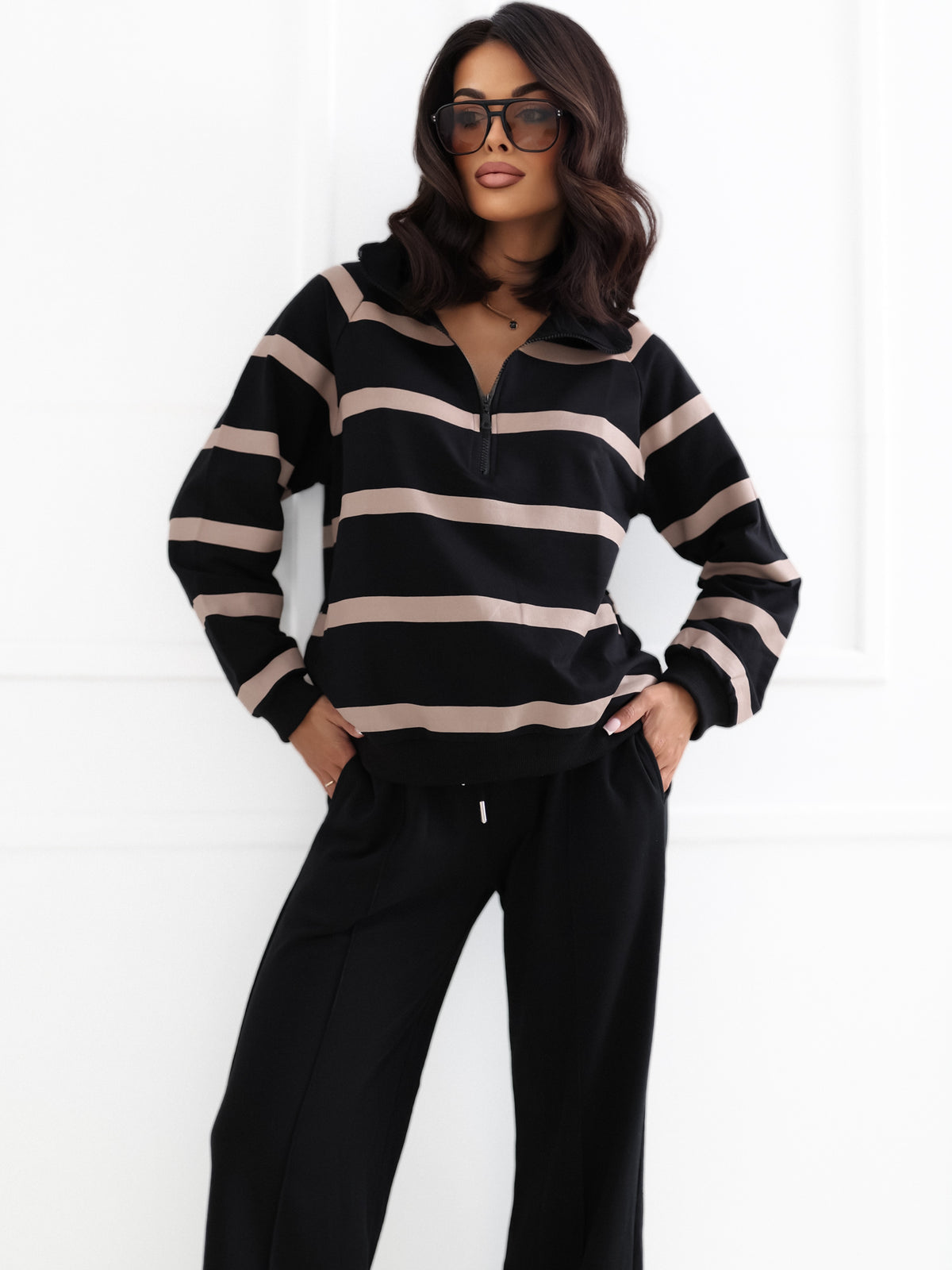 Gestreepte Sweater met Rits – Zwart