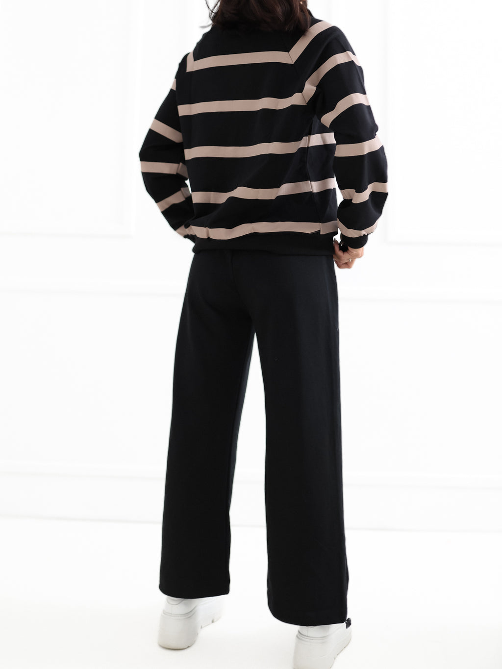 Gestreepte Sweater met Rits – Zwart