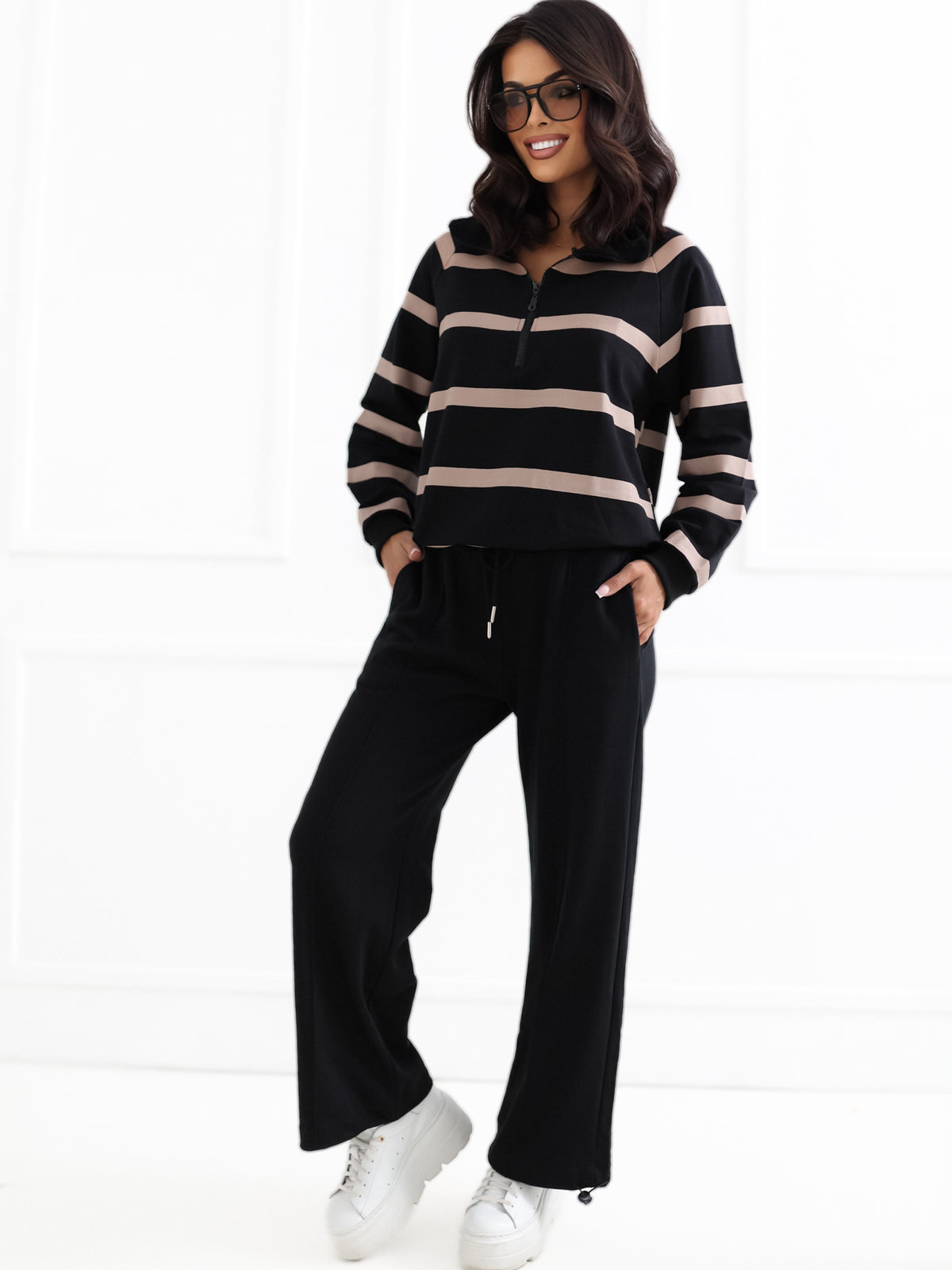 Gestreepte Sweater met Rits – Zwart