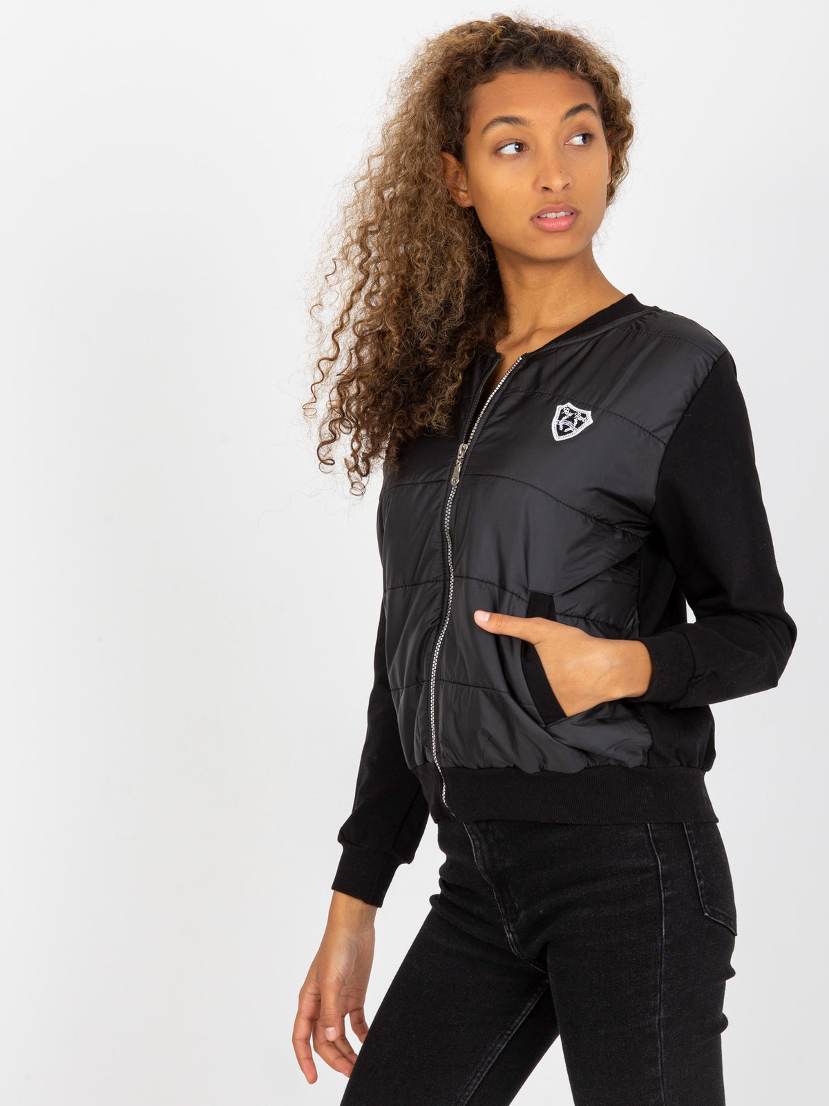 Gewatteerde Bomber Sweater met Patch – Zwart