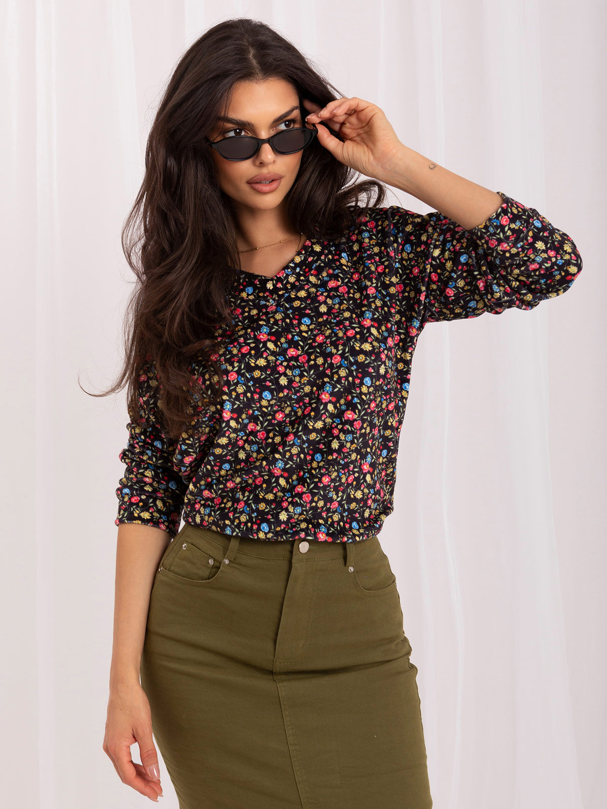 Velours Blouse met Bloemenprint – Zwart/Roze