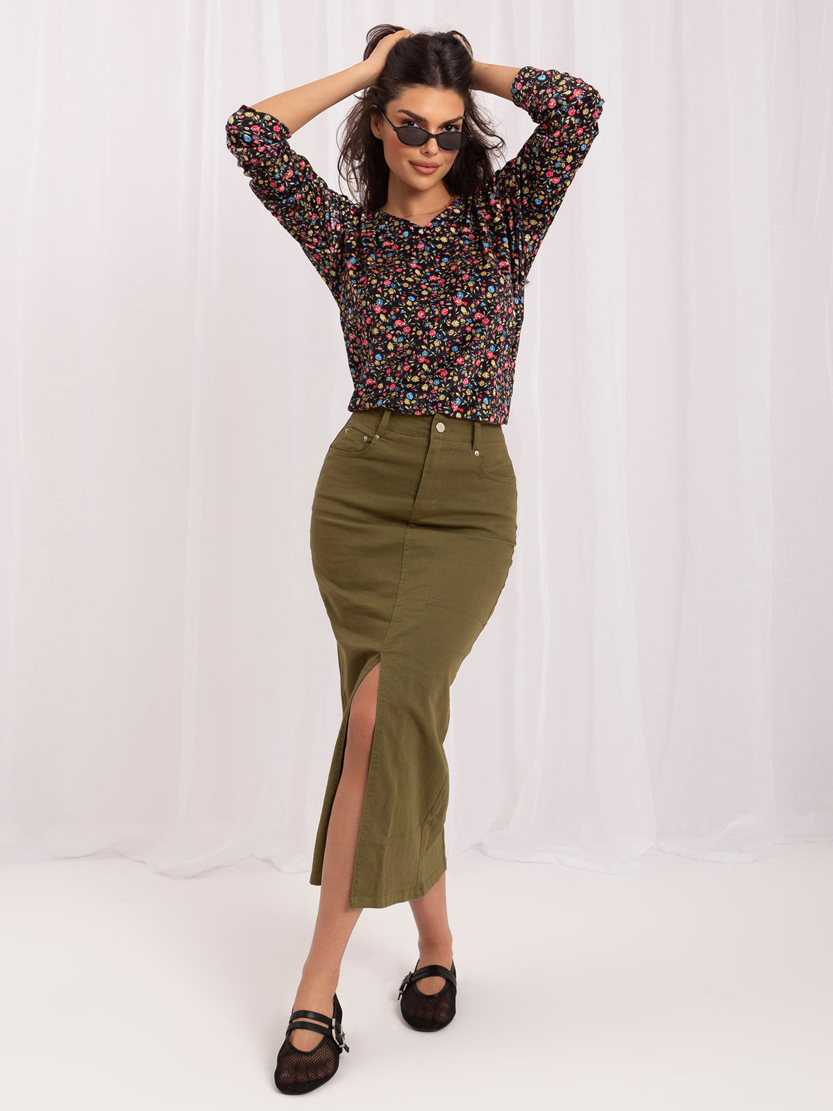 Velours Blouse met Bloemenprint – Zwart/Roze