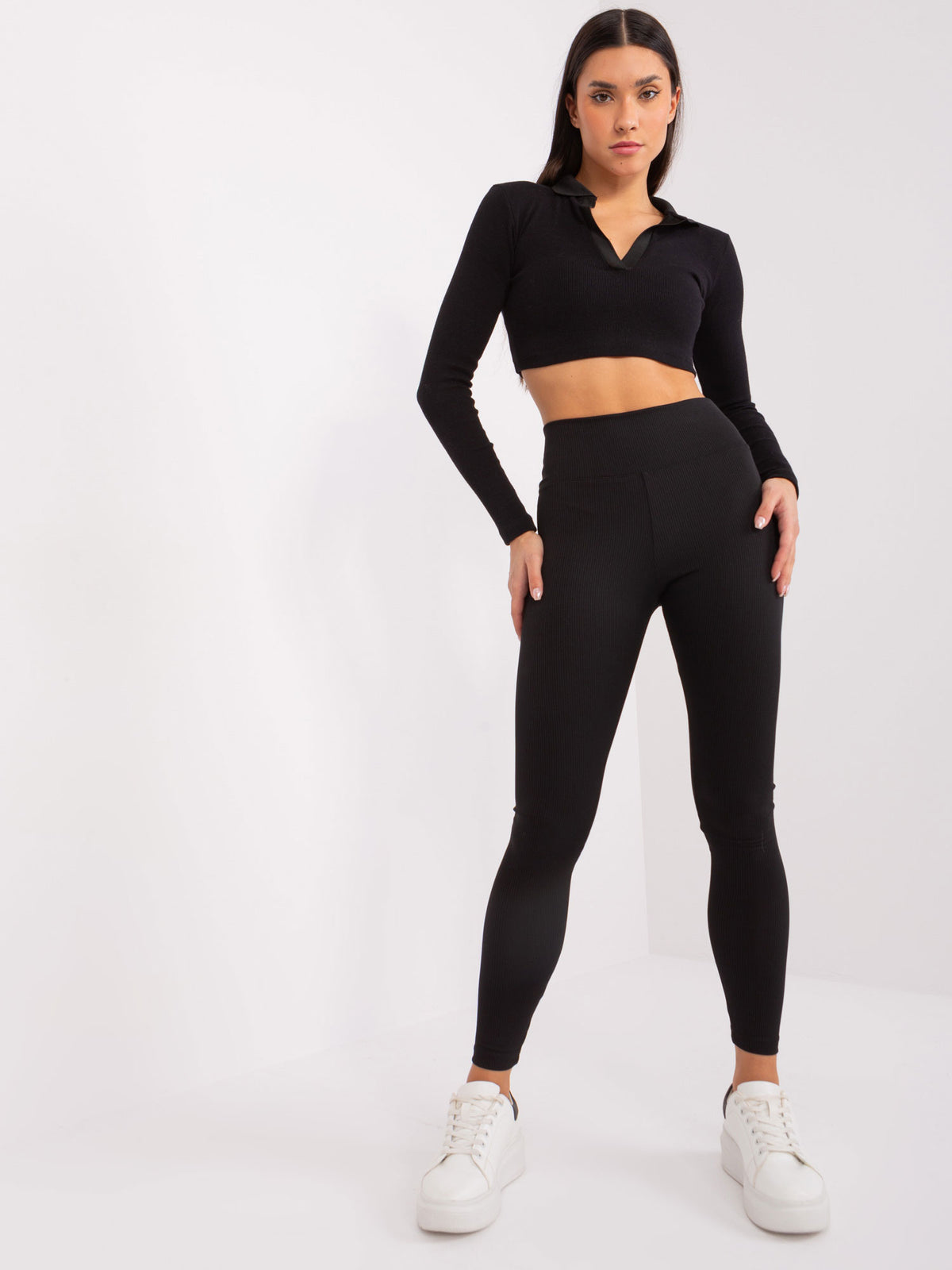 Geribde High-Waist Legging – Zwart