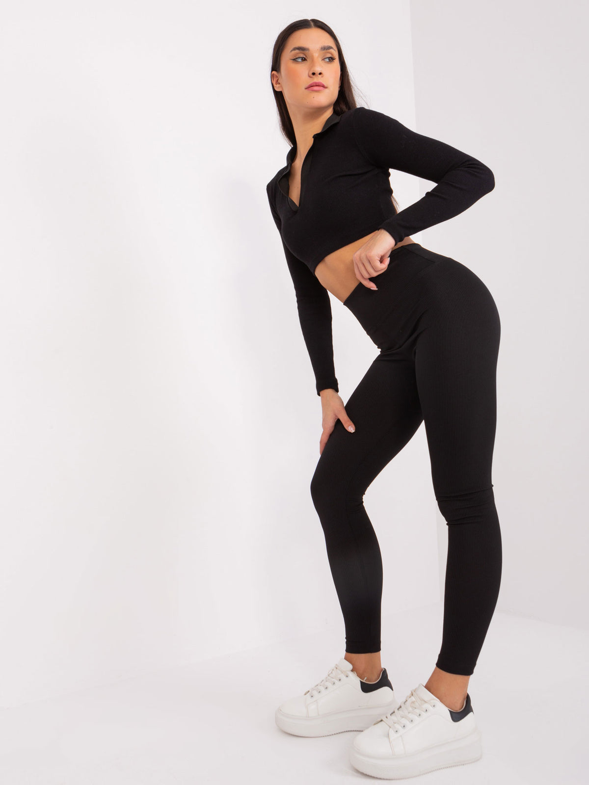 Geribde High-Waist Legging – Zwart