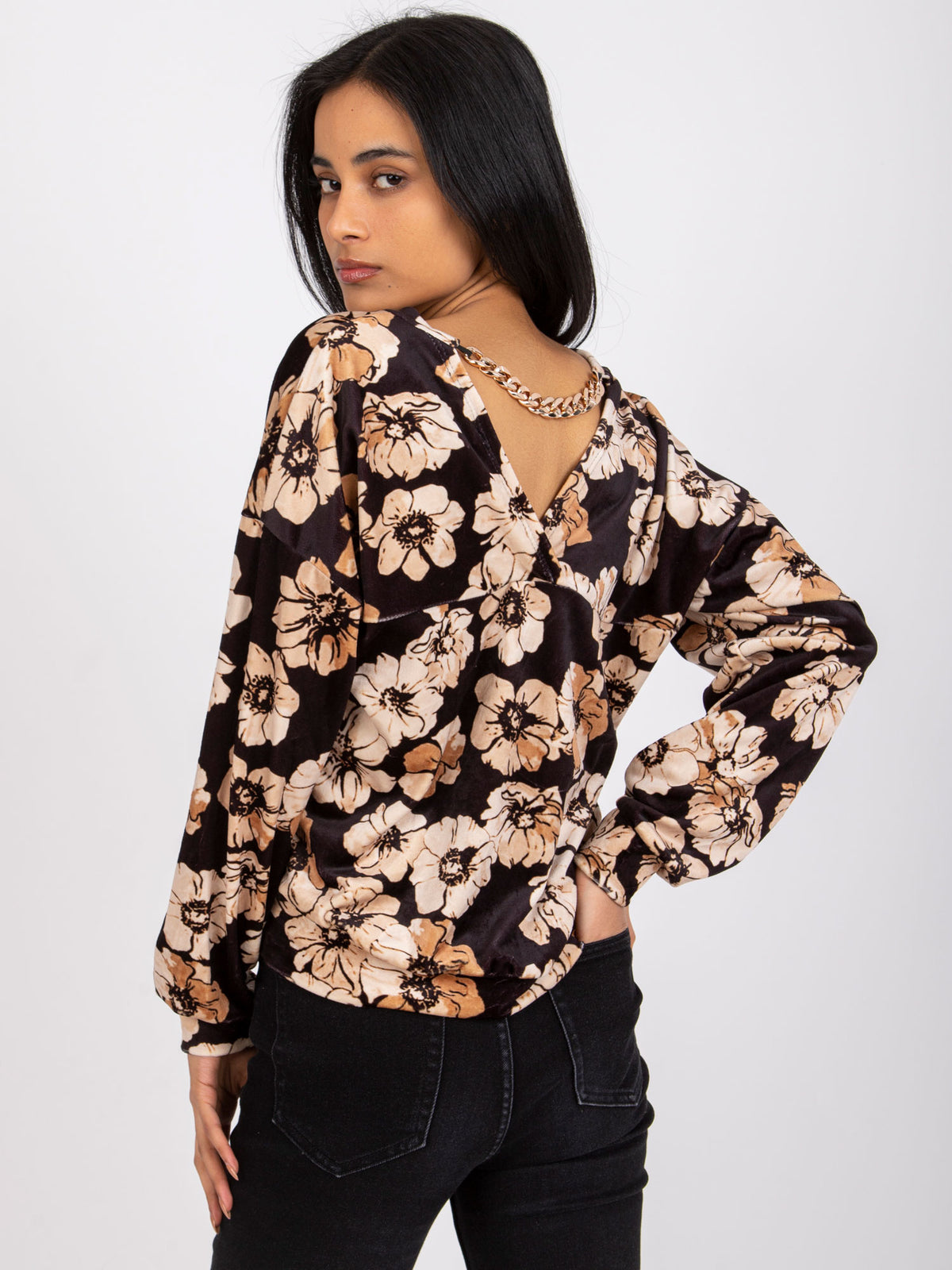 Blouse met Bloemenprint en Kettingdetail – Zwart/Beige