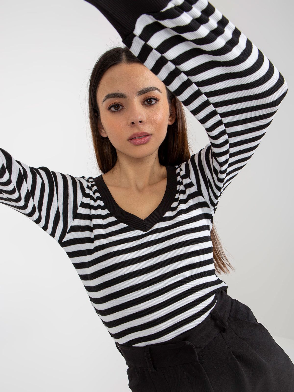 Gestreepte V-hals Top – Zwart/Wit