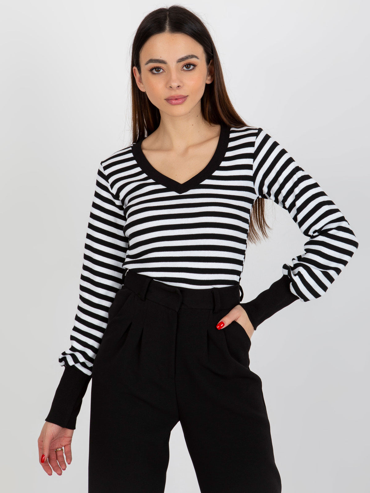 Gestreepte V-hals Top – Zwart/Wit