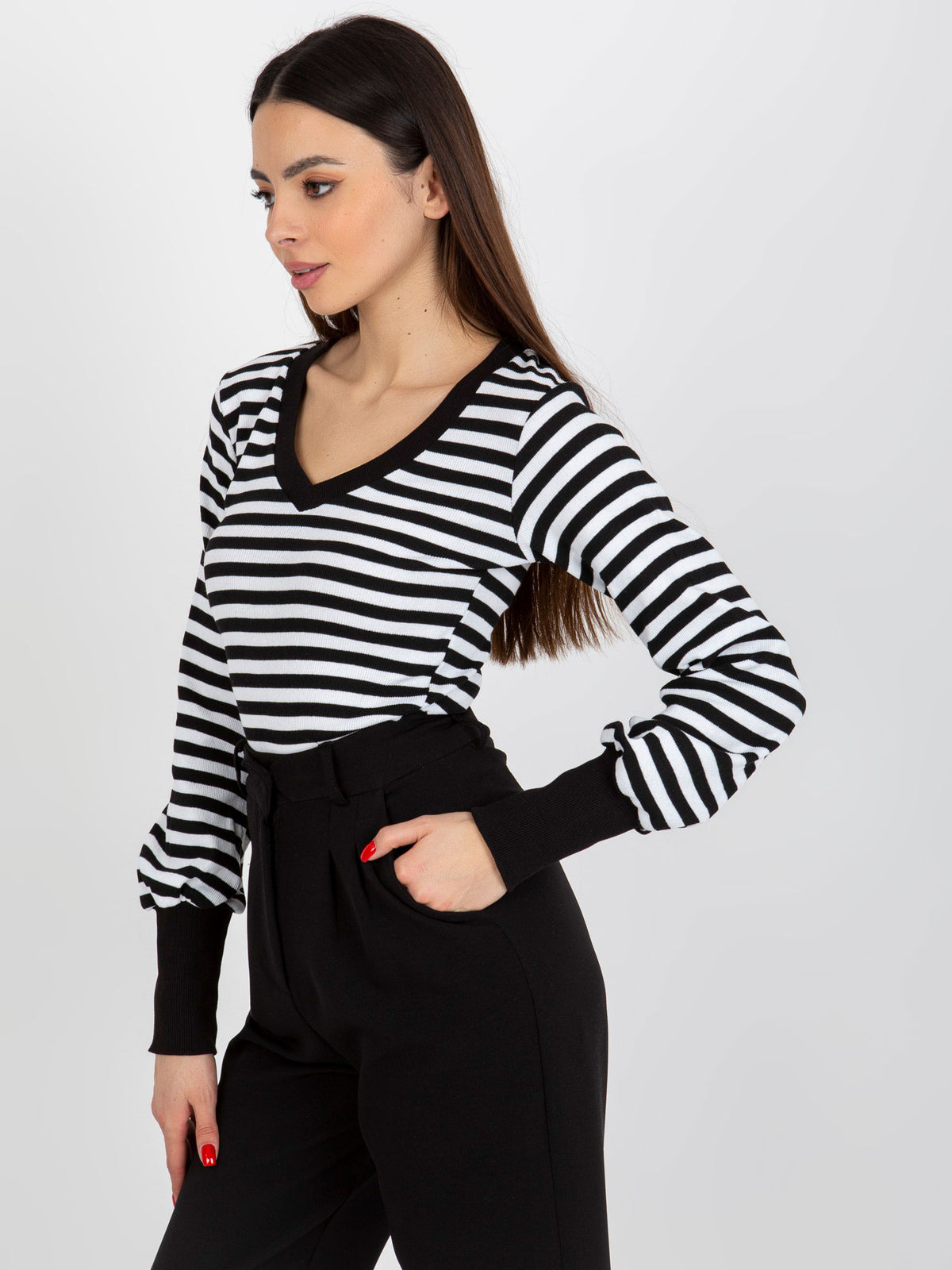 Gestreepte V-hals Top – Zwart/Wit