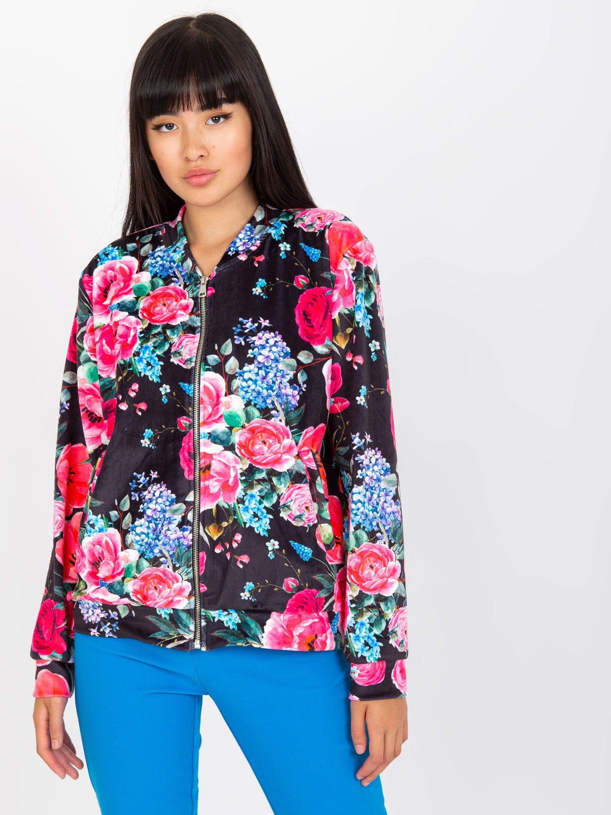 Velours Bloemen Bomber Sweater – Zwart/Roze