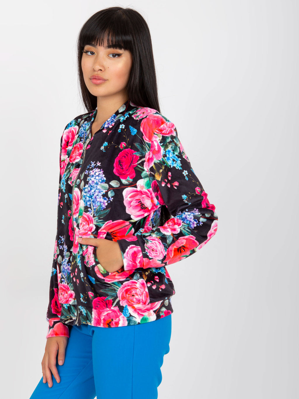 Velours Bloemen Bomber Sweater – Zwart/Roze