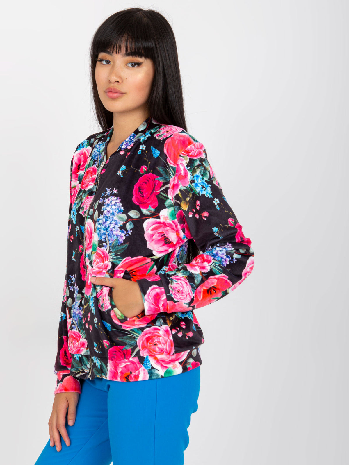 Velours Bloemen Bomber Sweater – Zwart/Roze