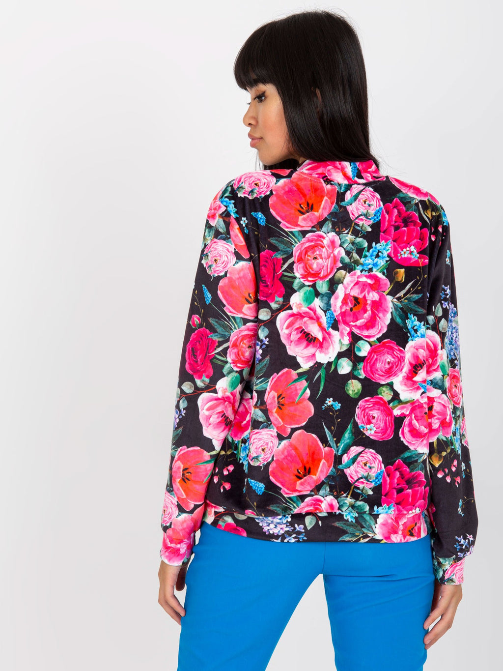 Velours Bloemen Bomber Sweater – Zwart/Roze