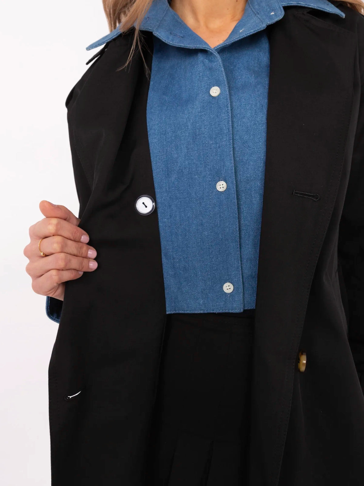 Trenchcoat met Denim Detail en Ceintuur – Zwart
