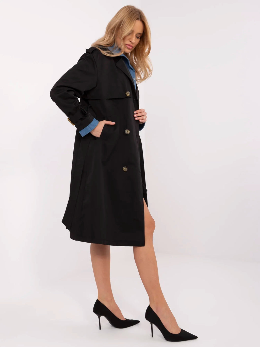 Trenchcoat met Denim Detail en Ceintuur – Zwart