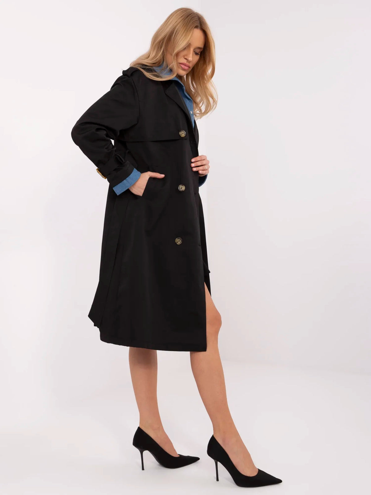 Trenchcoat met Denim Detail en Ceintuur – Zwart