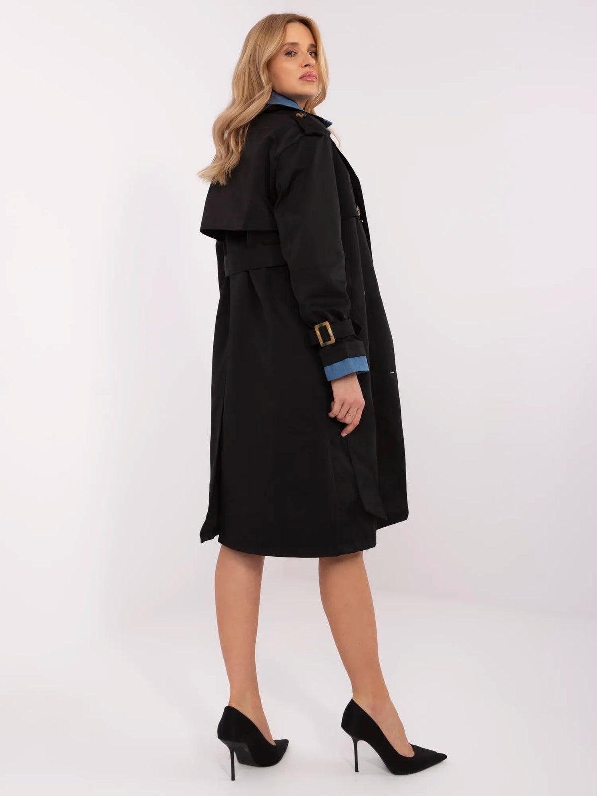 Trenchcoat met Denim Detail en Ceintuur – Zwart