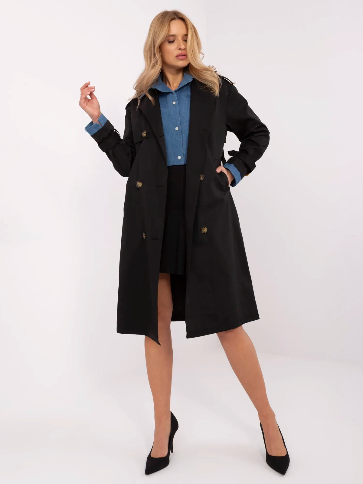 Trenchcoat met Denim Detail en Ceintuur – Zwart