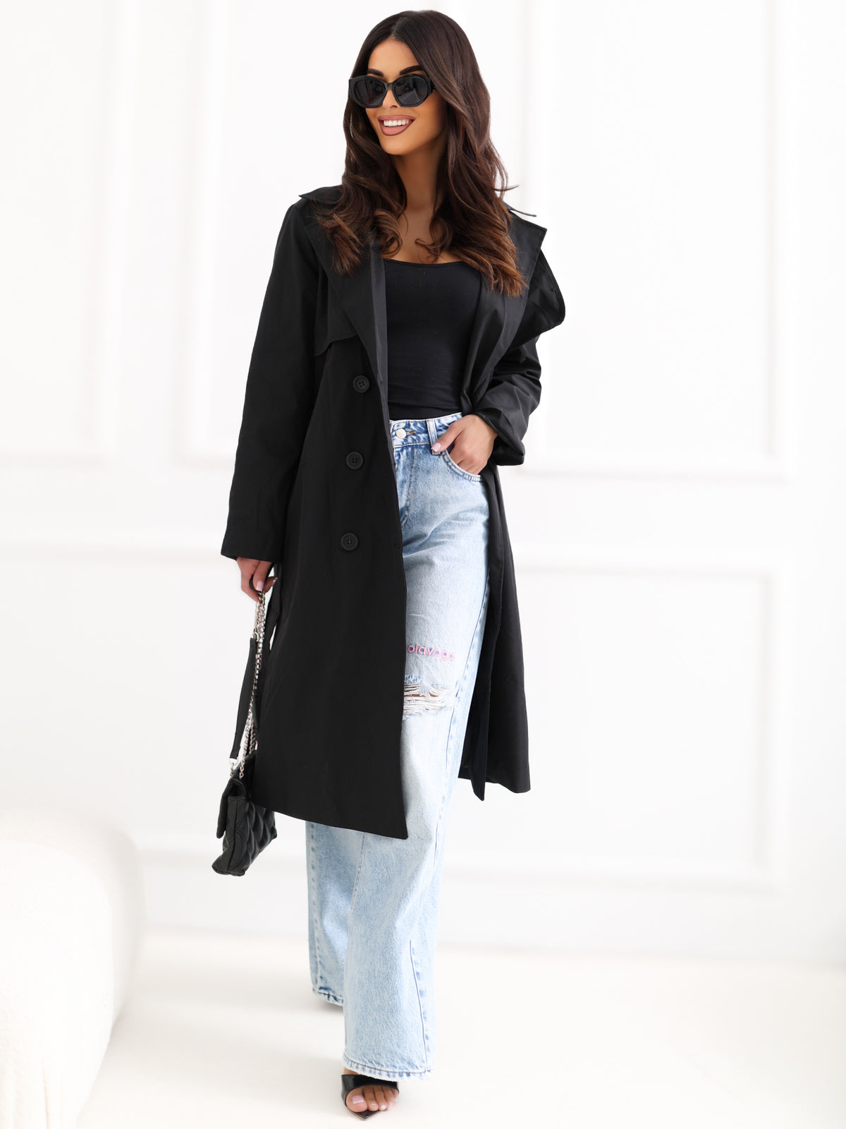 Lange Dames Trenchcoat met Ceintuur – Zwart