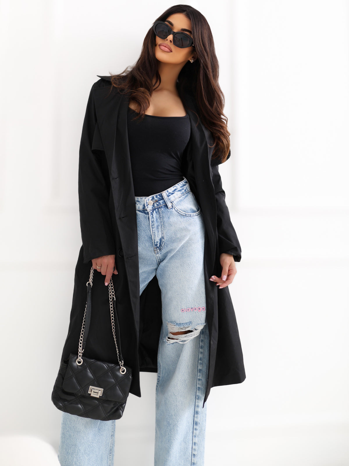 Lange Dames Trenchcoat met Ceintuur – Zwart