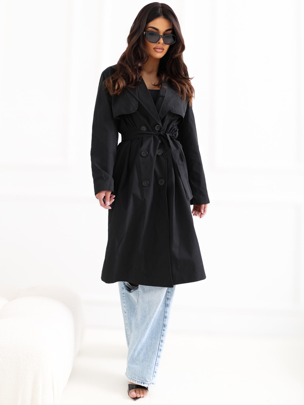 Lange Dames Trenchcoat met Ceintuur – Zwart