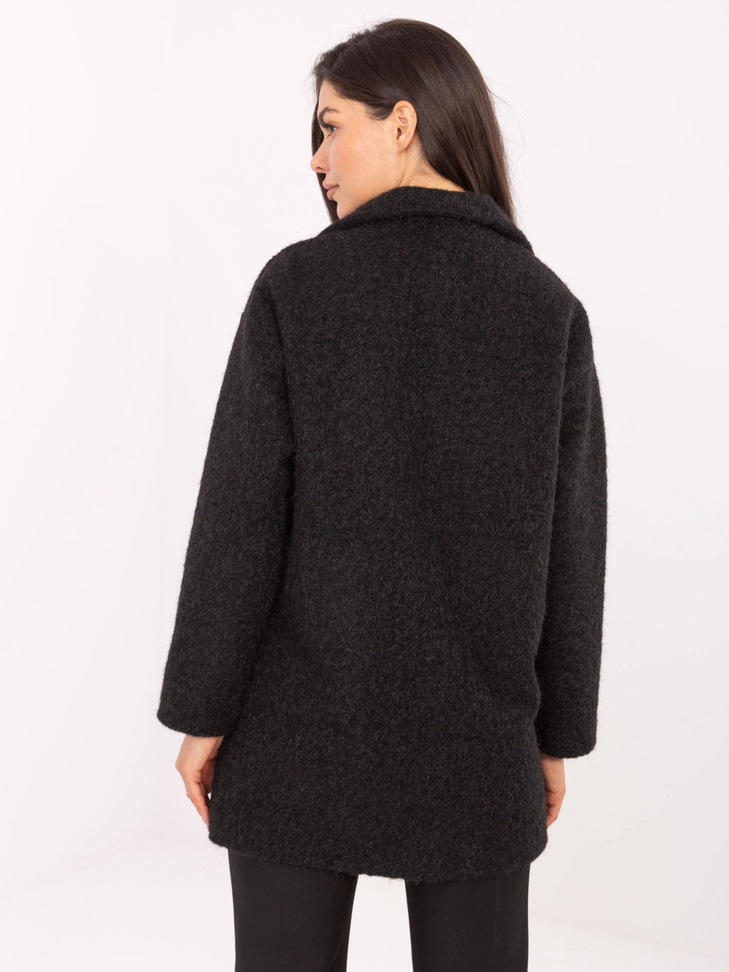Korte Bouclé Mantel met Sierknopen – Zwart