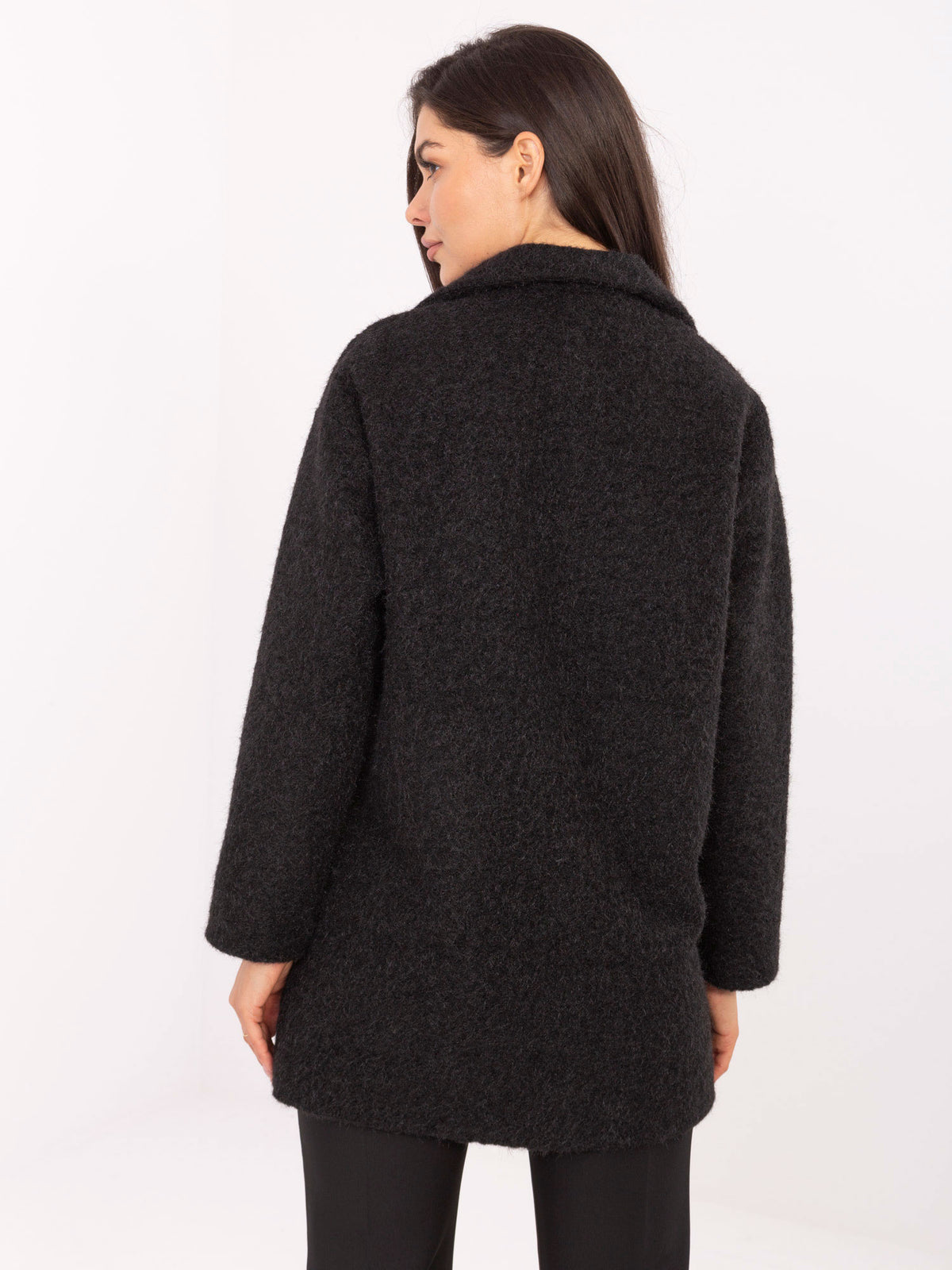 Korte Bouclé Mantel met Sierknopen – Zwart