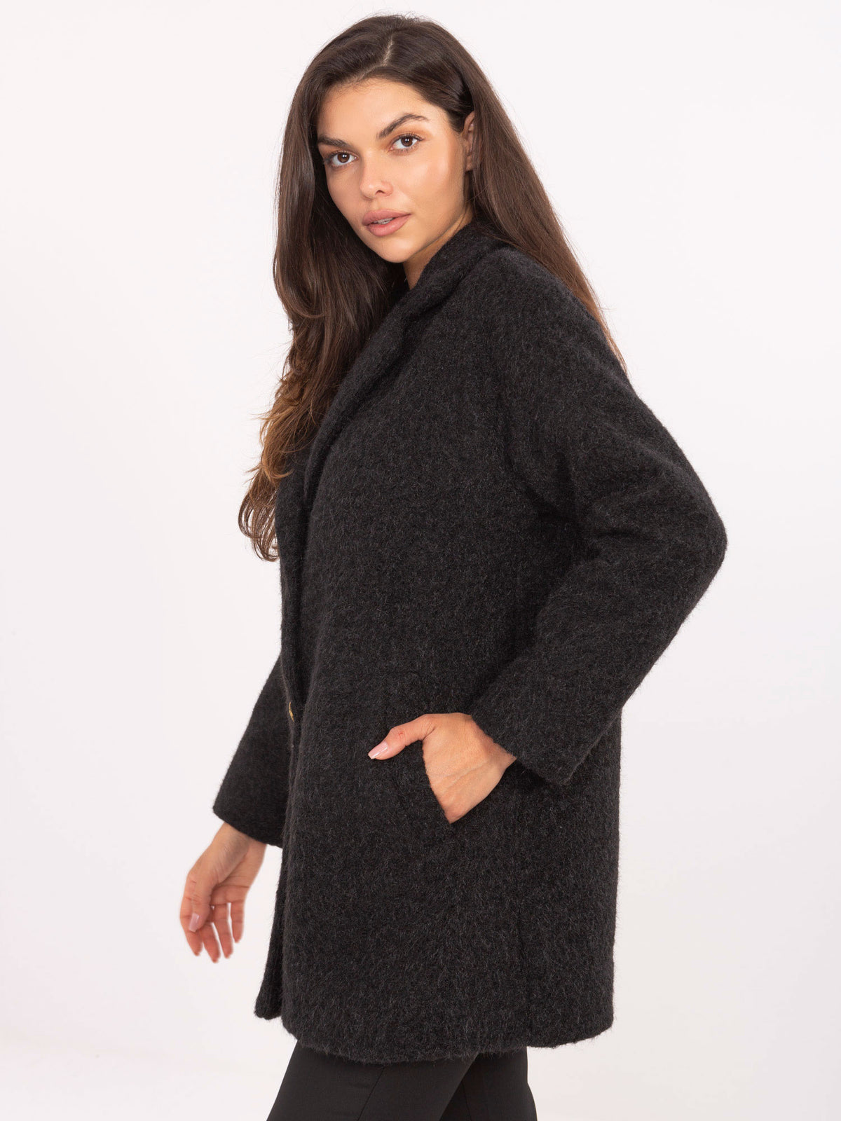 Korte Bouclé Mantel met Sierknopen – Zwart