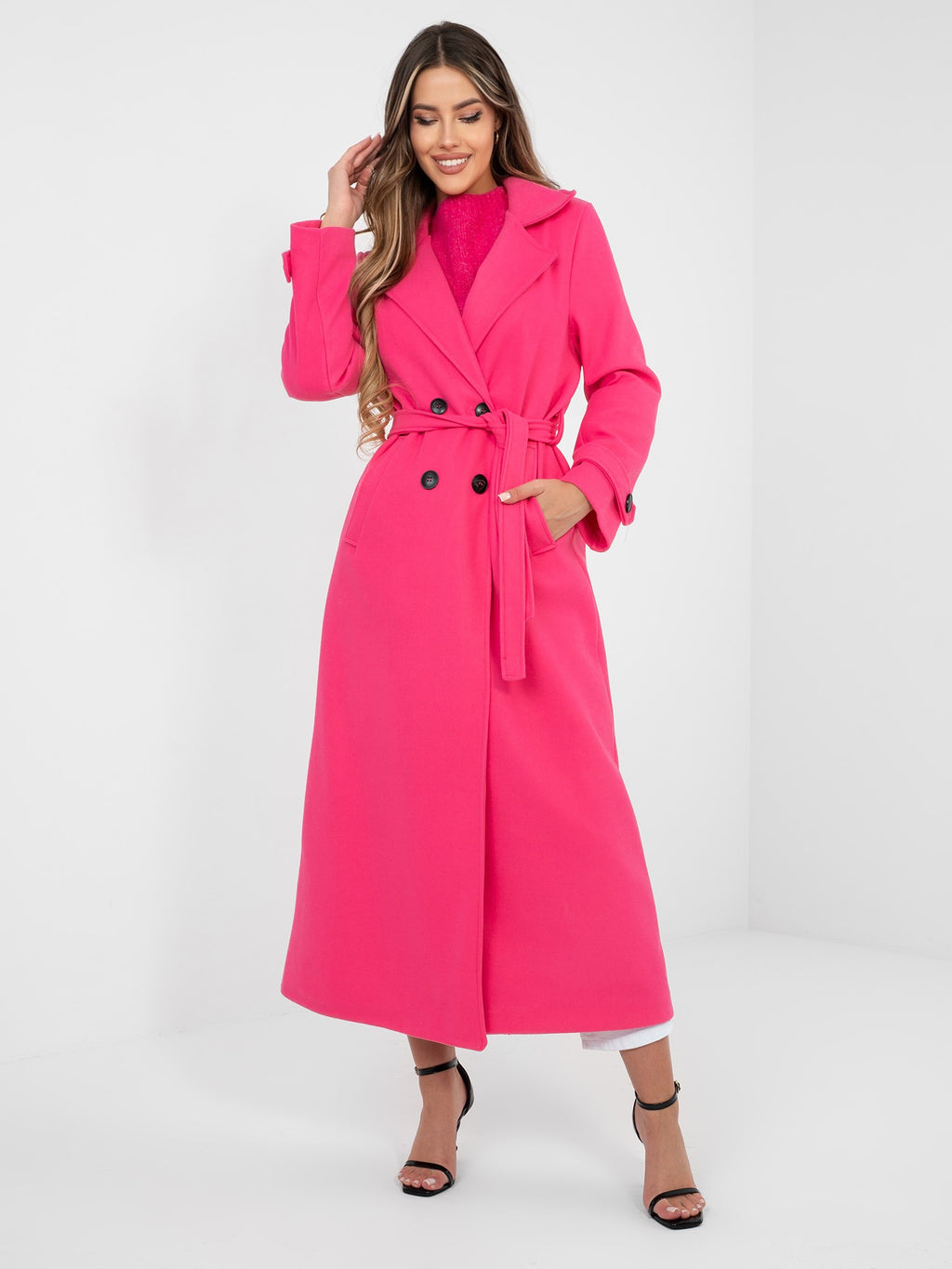 Lange Damesjas MAYA met Ceintuur – Neonroze