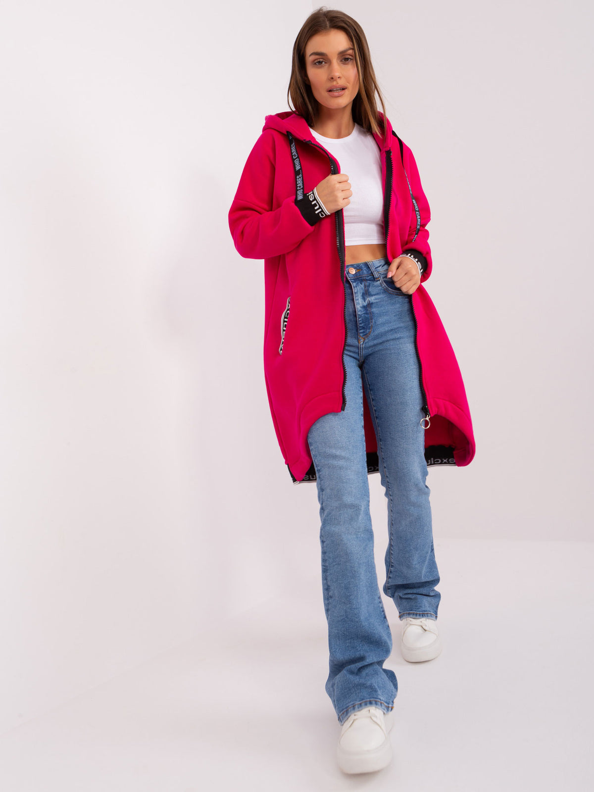 Lange Sweater met Rits en Capuchon – Fuchsia