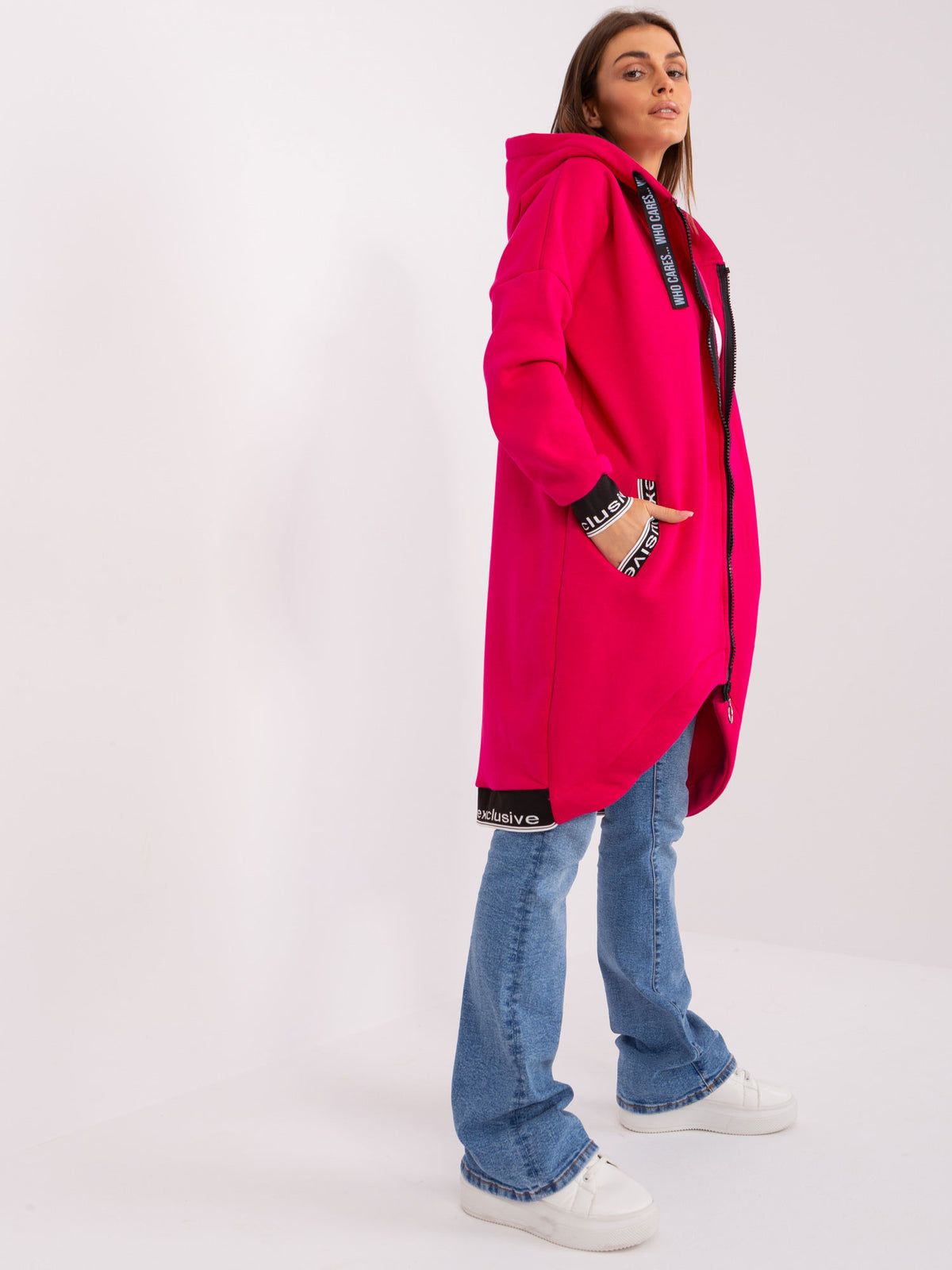 Lange Sweater met Rits en Capuchon – Fuchsia