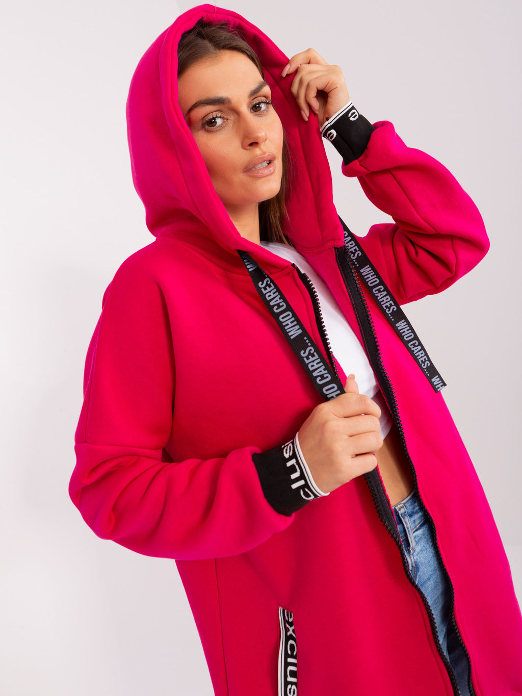 Lange Sweater met Rits en Capuchon – Fuchsia