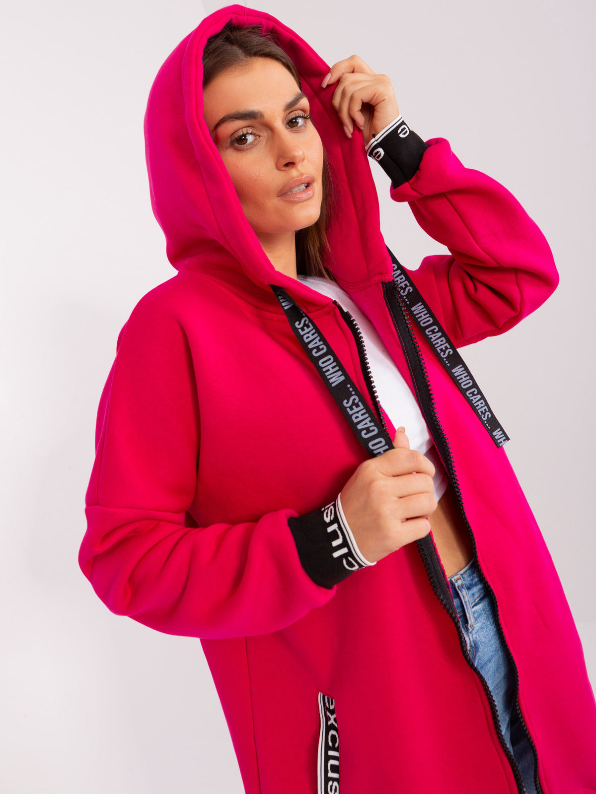 Lange Sweater met Rits en Capuchon – Fuchsia
