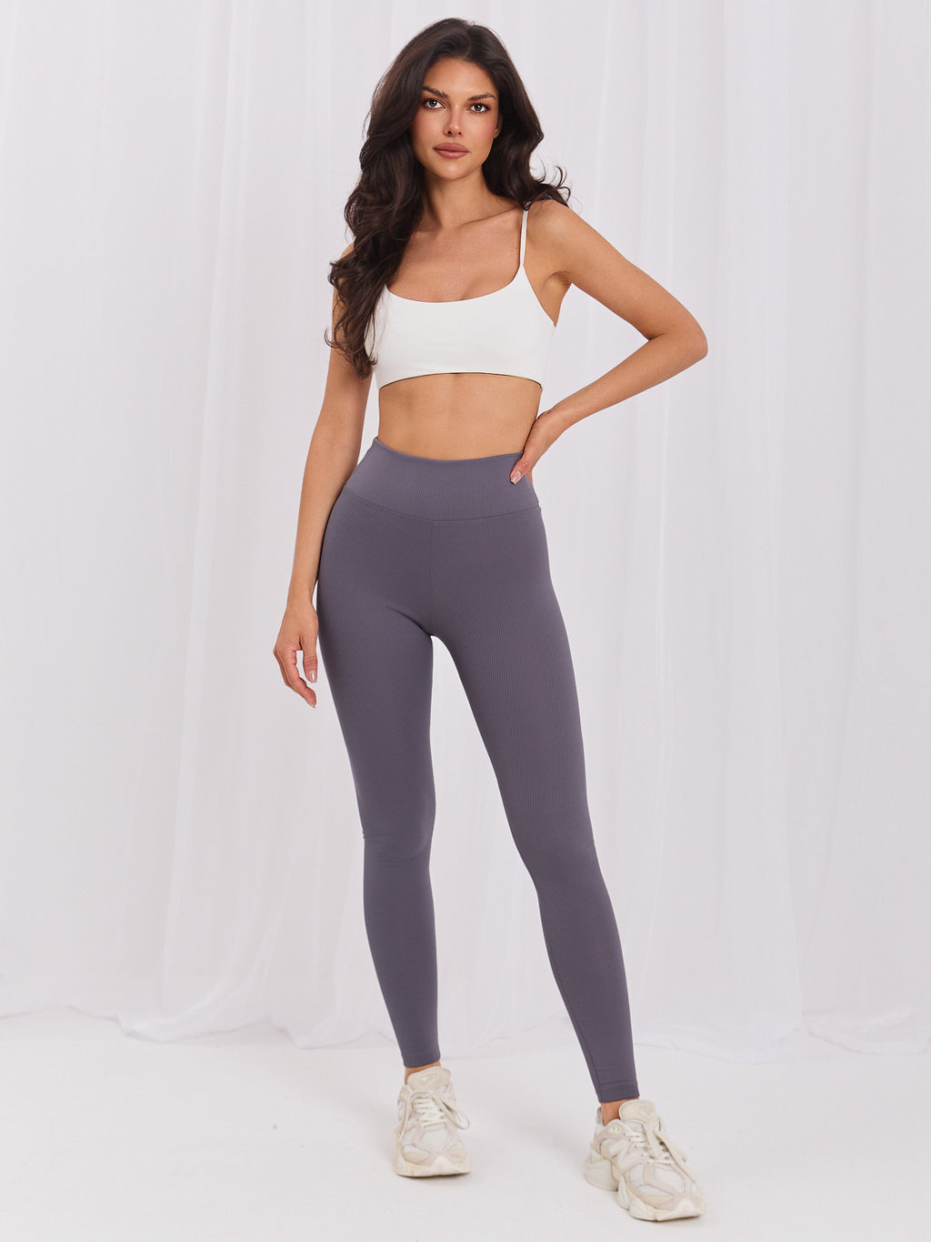 Grafietgrijze High-Waist Legging met Ribstructuur