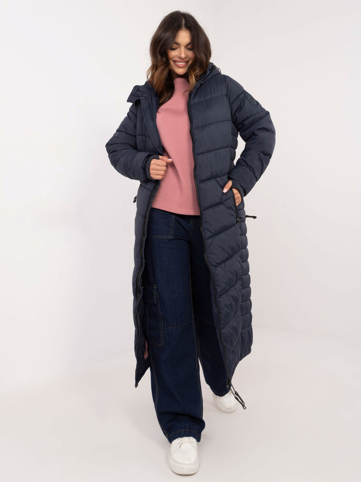 Lange Gewatteerde Winterjas met Capuchon – Donkerblauw