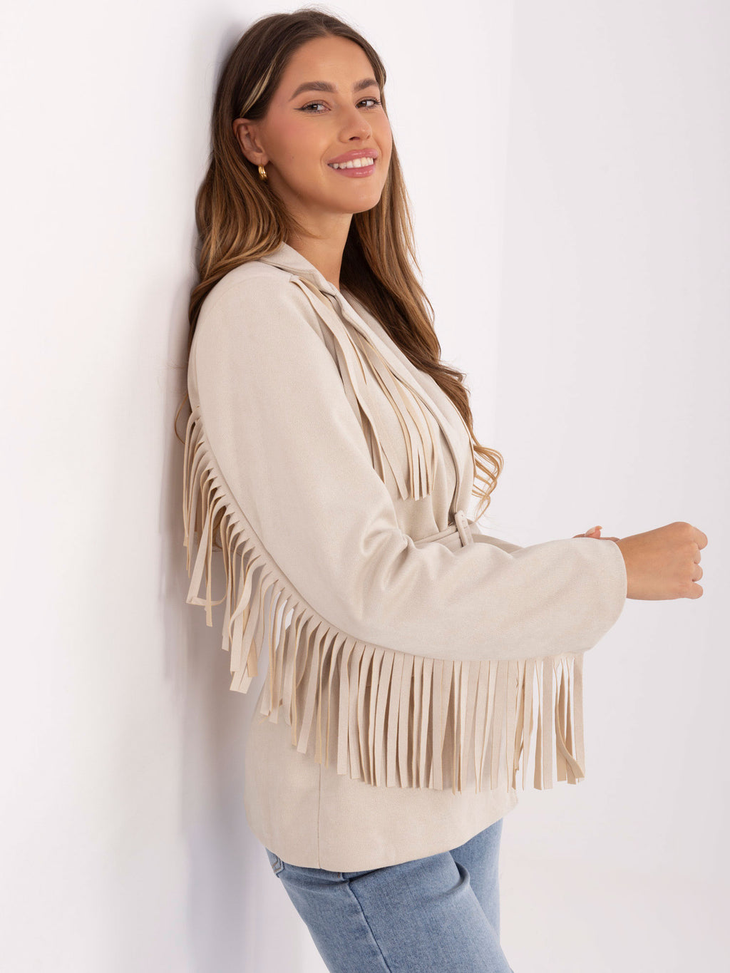 Lichtbeige Suèdelook Blazer met Ceintuur