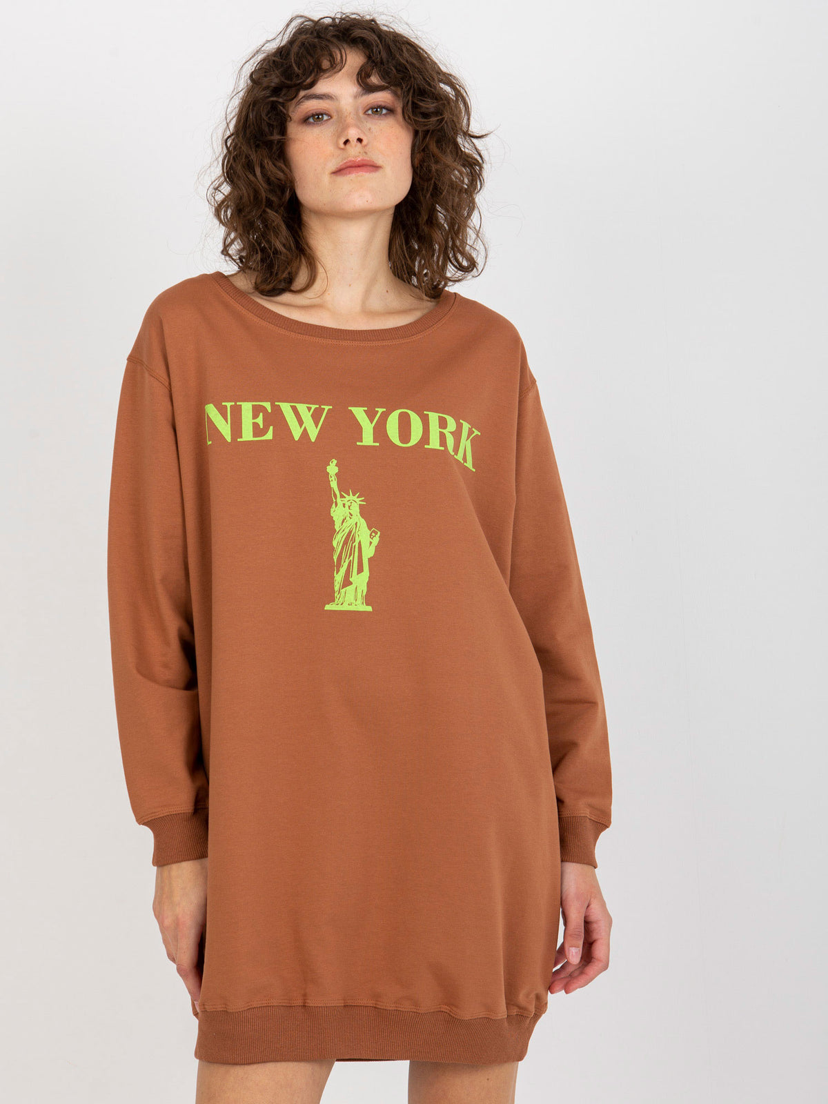Lange Oversized Sweater met Print – Bruin/Groen