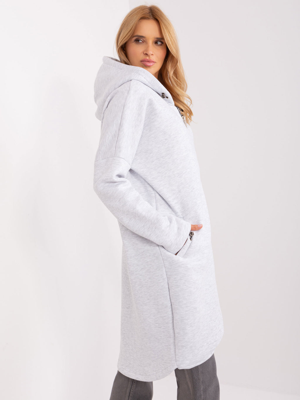 Lange Sweater met Rits en Capuchon – Lichtgrijs