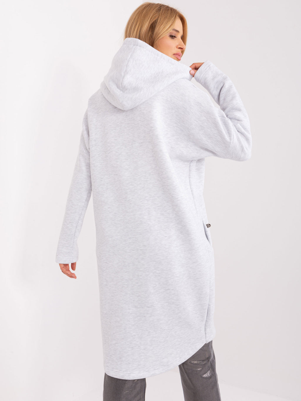 Lange Sweater met Rits en Capuchon – Lichtgrijs