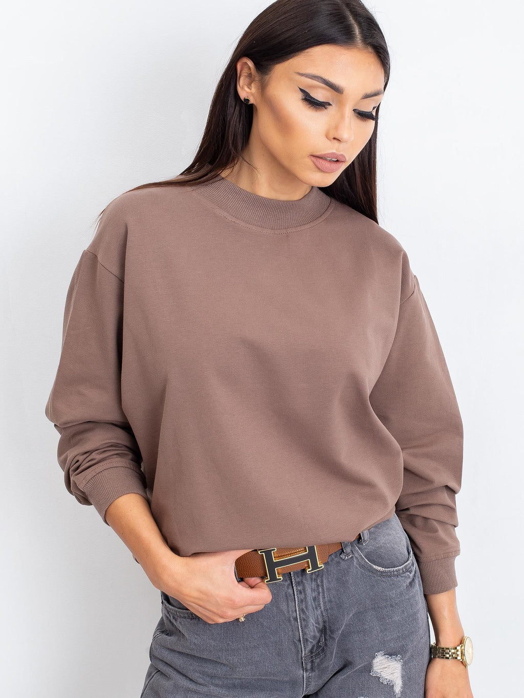 Basic Sweater met Hoge Kraag – Bruin