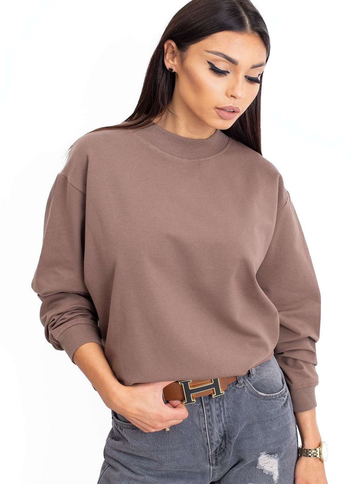 Basic Sweater met Hoge Kraag – Bruin