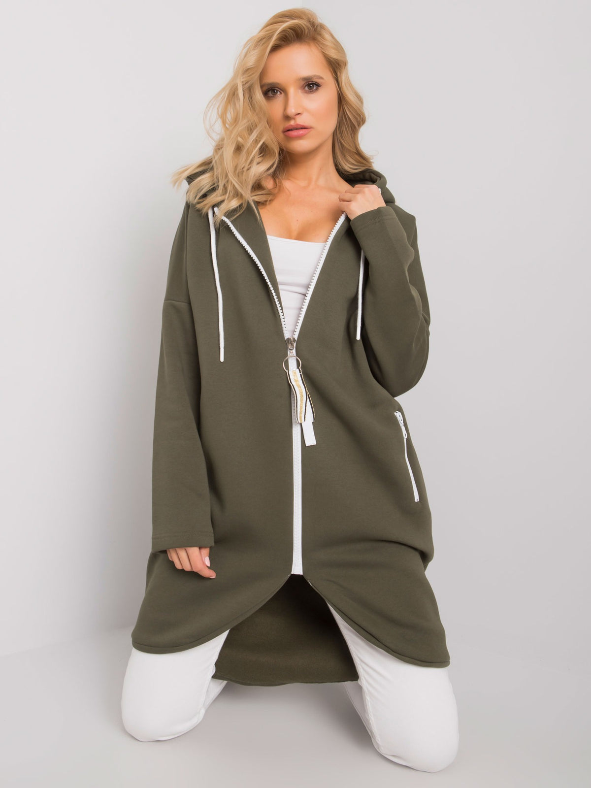 Stunning Lange Hoodie met Rits – Khaki