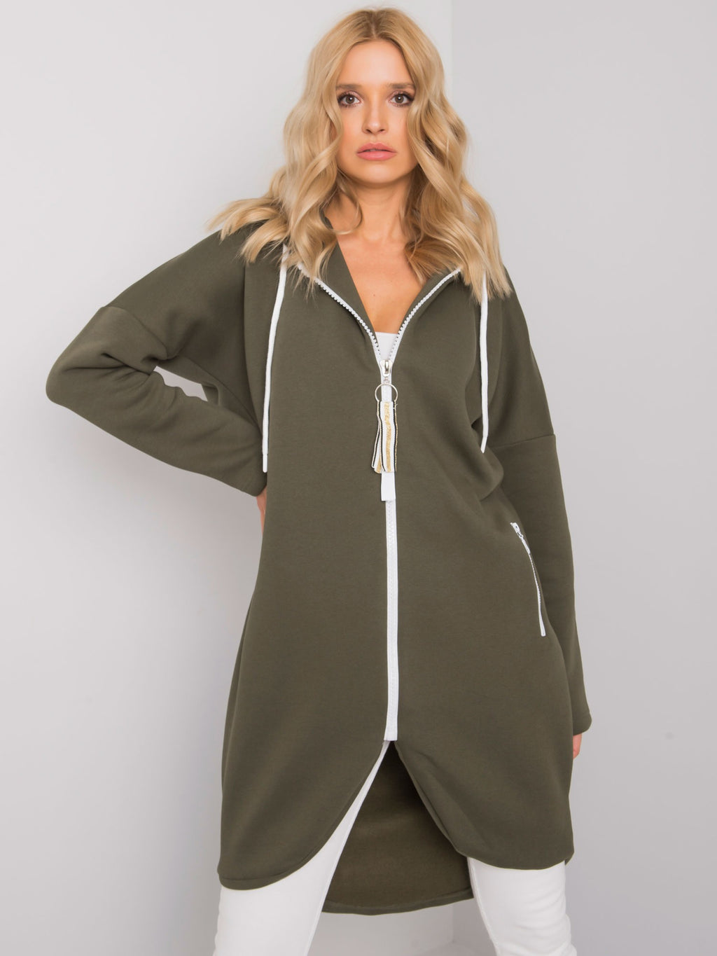 Stunning Lange Hoodie met Rits – Khaki