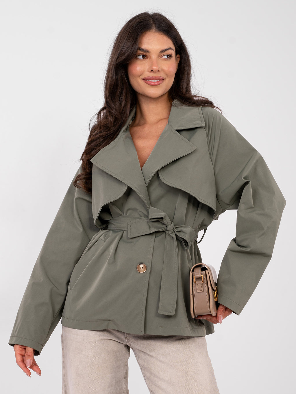 Korte Dames Trenchcoat met Ceintuur – Khaki