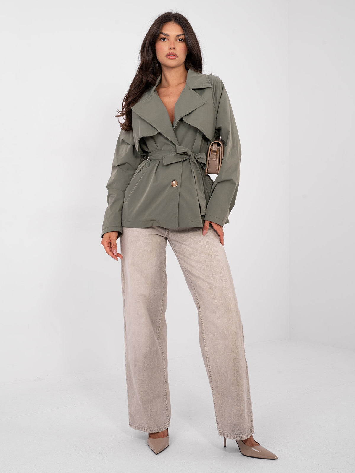 Korte Dames Trenchcoat met Ceintuur – Khaki