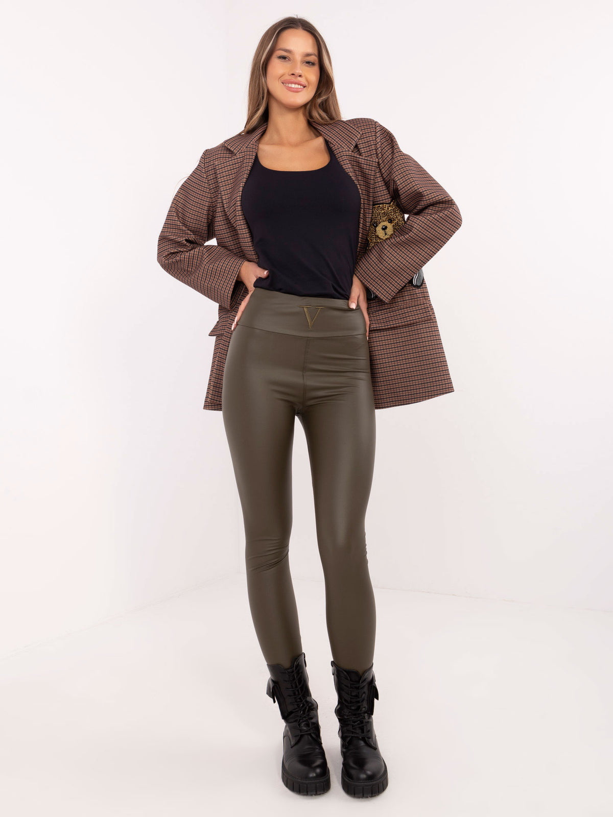 Khaki Gevoerde Leatherlook Legging met Hoge Taille